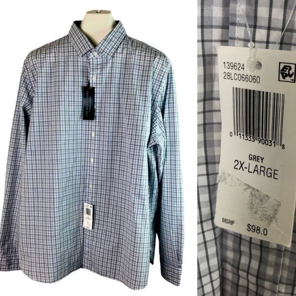 Bloomingdale's The Men's Store Grey Checked Button Up Shirt Cotton Stretch 2XL